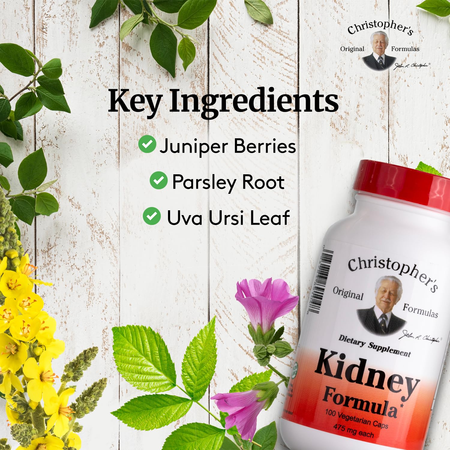 Christopher's Original Formulas Kidney Formula ingredients highlight juniper, parsley root, and uva ursi