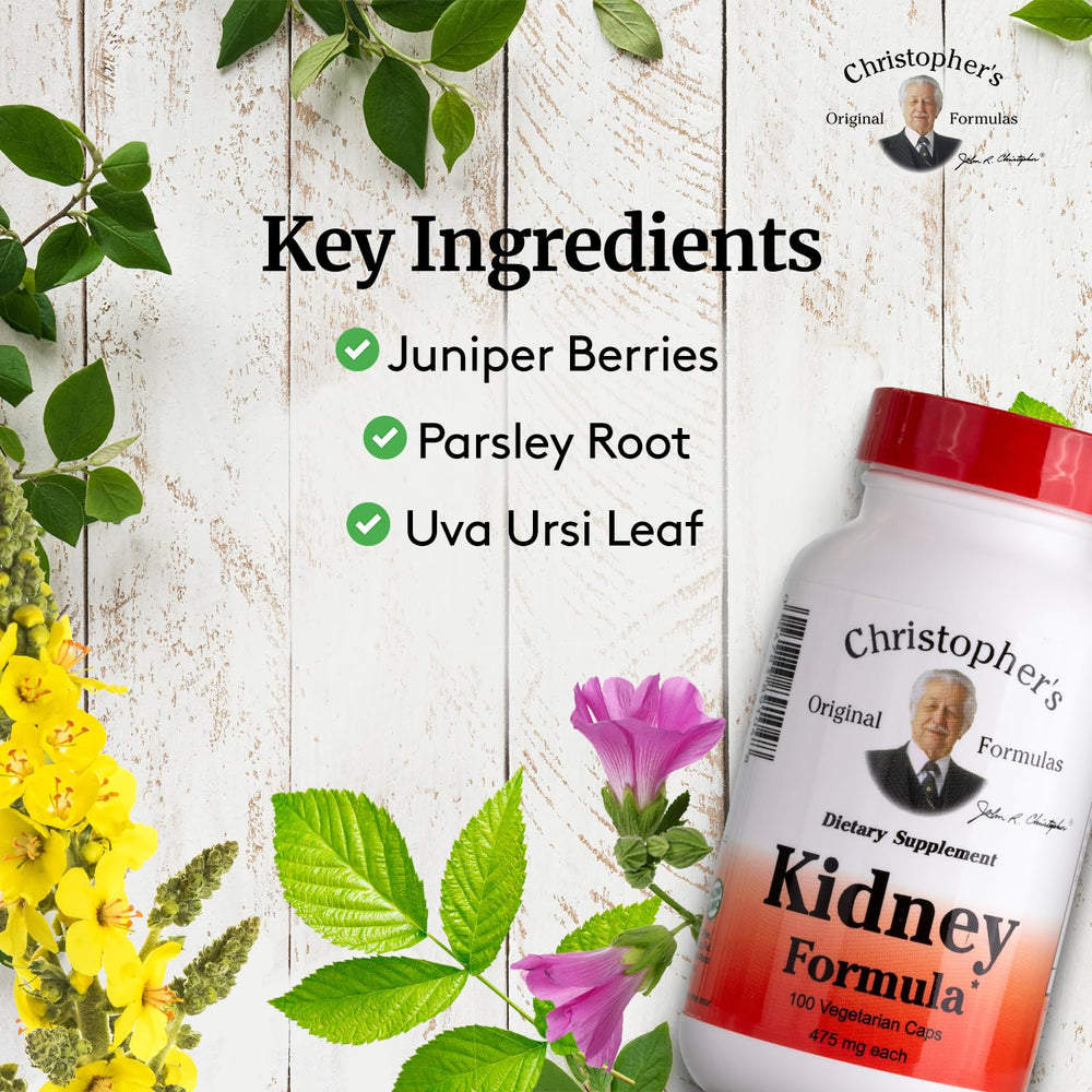 Christopher's Original Formulas Kidney Formula ingredients highlight juniper, parsley root, and uva ursi
