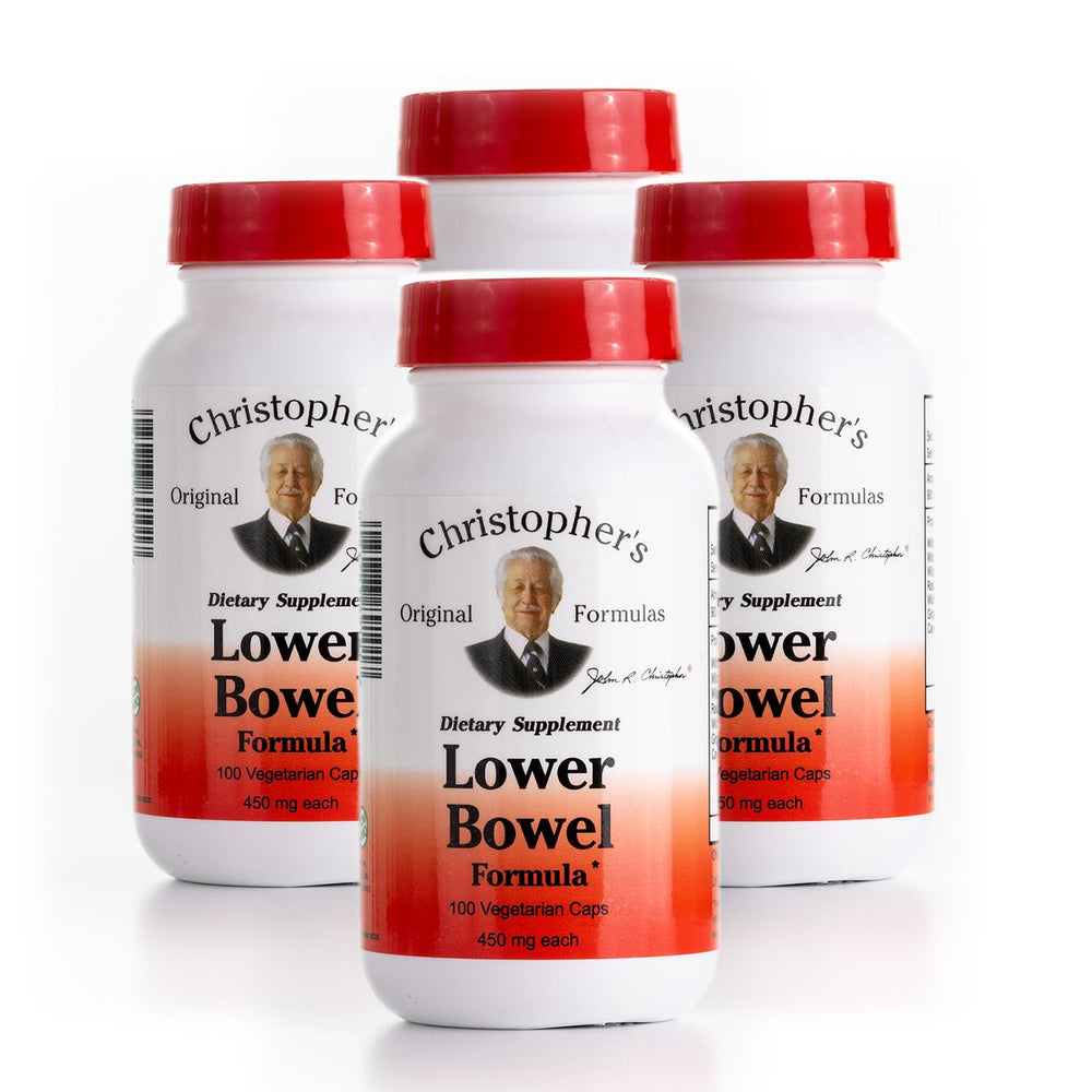 Christopher's Original Formulas Lower Bowel Cleanse bottle close-up showing capsules and label.