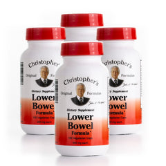 Christopher's Original Formulas Lower Bowel Cleanse bottle close-up showing capsules and label.