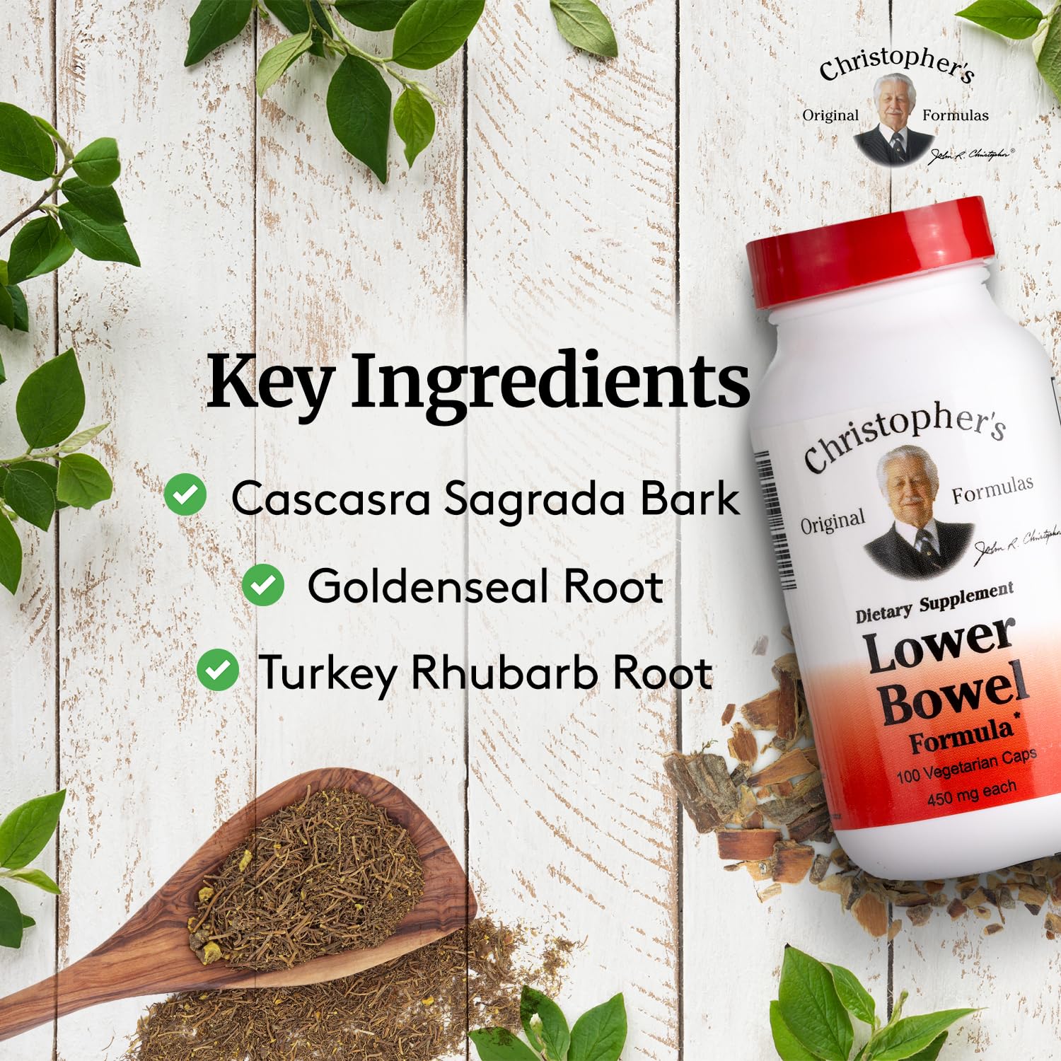 Capsules dispensing from a bottle of Christopher's Original Formulas Lower Bowel Cleanse.