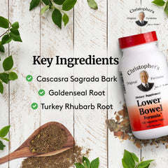 Capsules dispensing from a bottle of Christopher's Original Formulas Lower Bowel Cleanse.