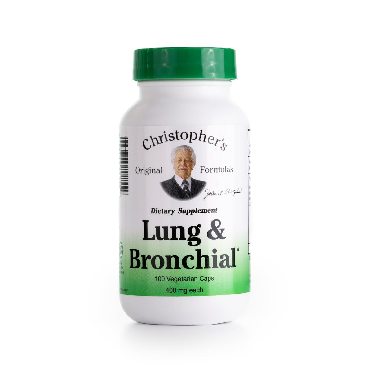 Christopher's Original Formulas Lung Bronchial bottle closeup highlighting herbal blend for respiratory support