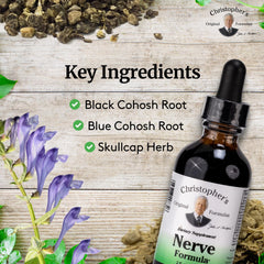 Close-up of Christopher's Original Formulas Nerve Formula label highlighting natural ingredients.