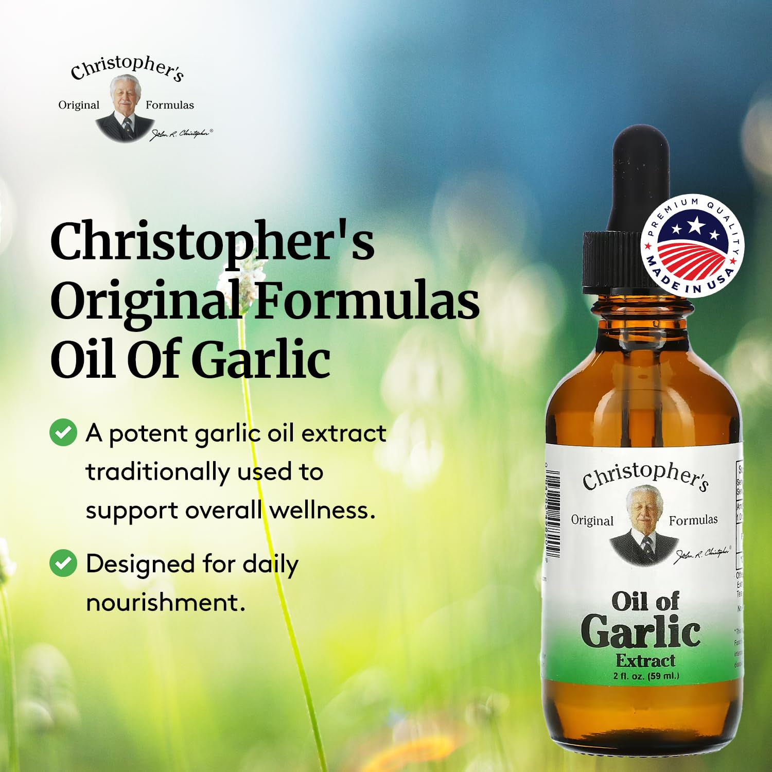 Christopher's Original Formulas label close-up confirms pure garlic extract and batch authenticity.