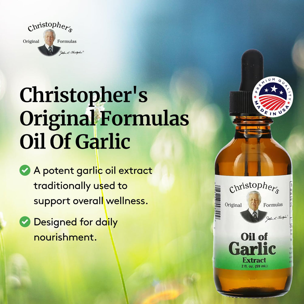 Christopher's Original Formulas label close-up confirms pure garlic extract and batch authenticity.