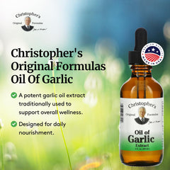 Christopher's Original Formulas label close-up confirms pure garlic extract and batch authenticity.