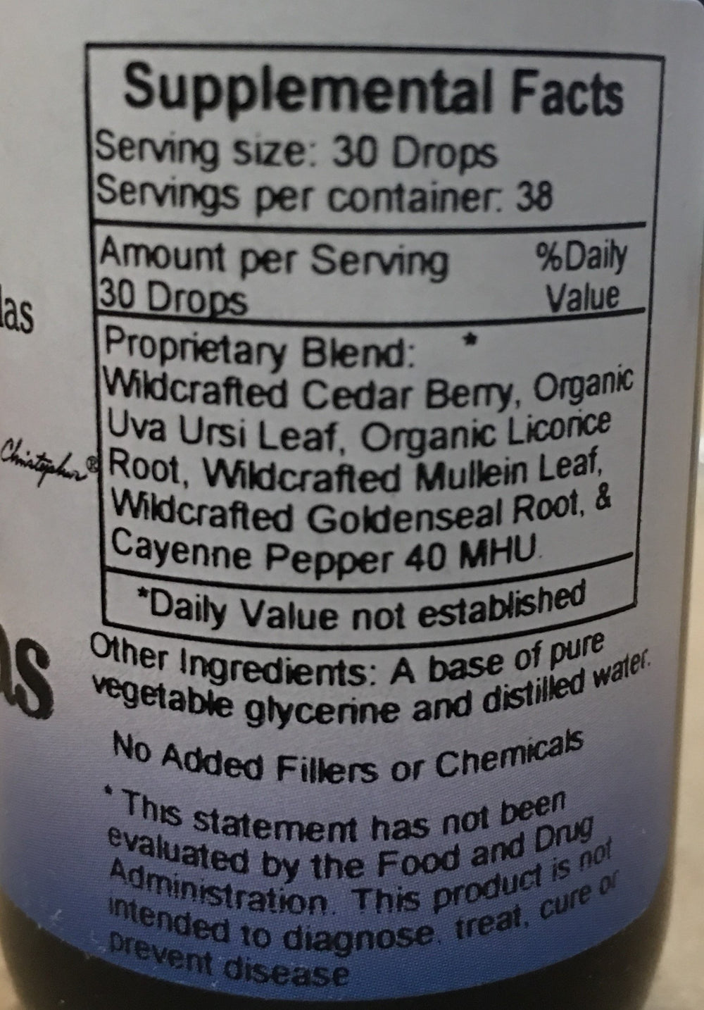 Close-up label on Christopher's Original Formulas Pancreas Formula Extract highlighting plant-based ingredients for glandular support