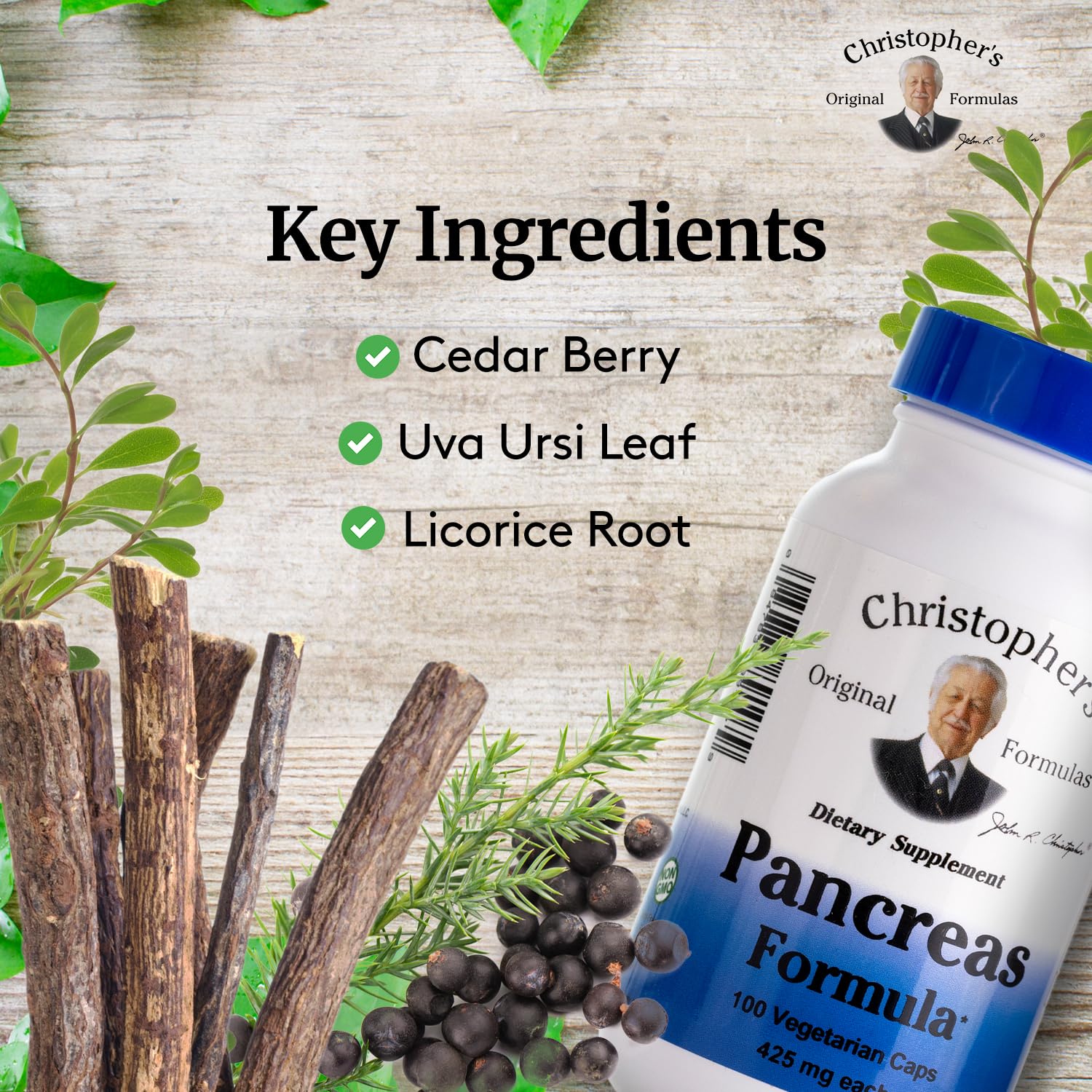 Christopher's Original Formulas Pancreas Formula label highlighting herbal ingredients for digestion.