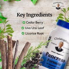Christopher's Original Formulas Pancreas Formula label highlighting herbal ingredients for digestion.
