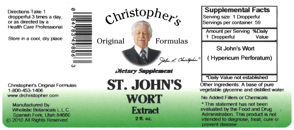 Christopher's Original Formulas St. John's Wort glycerite in glass emphasizes convenient herbal use.