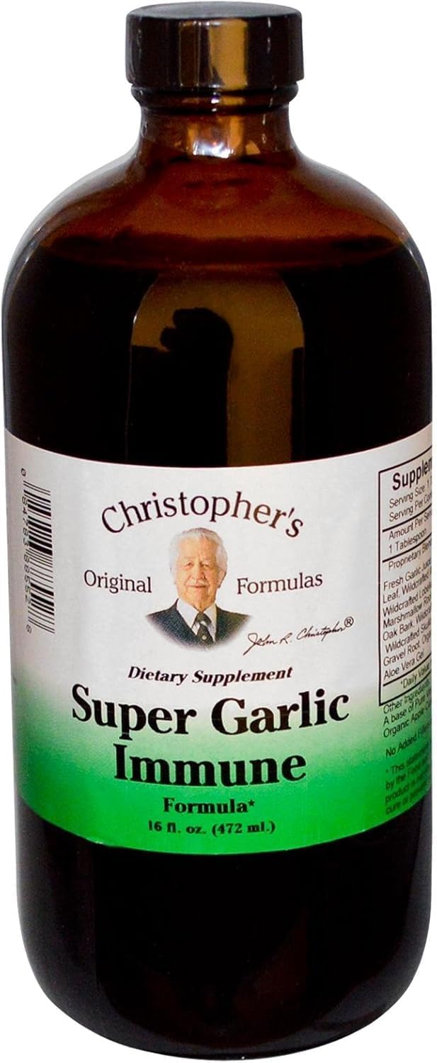 Christopher's Original Formulas Super Garlic Immune Syrup bottle, showing pure herbal blend quality.