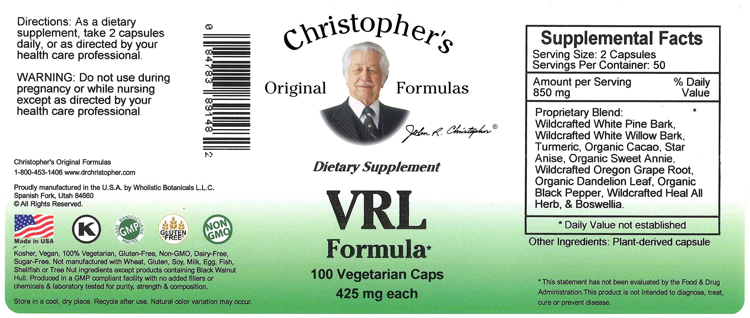 Christopher's VRL Formula capsules close-up for convenient daily immune support.