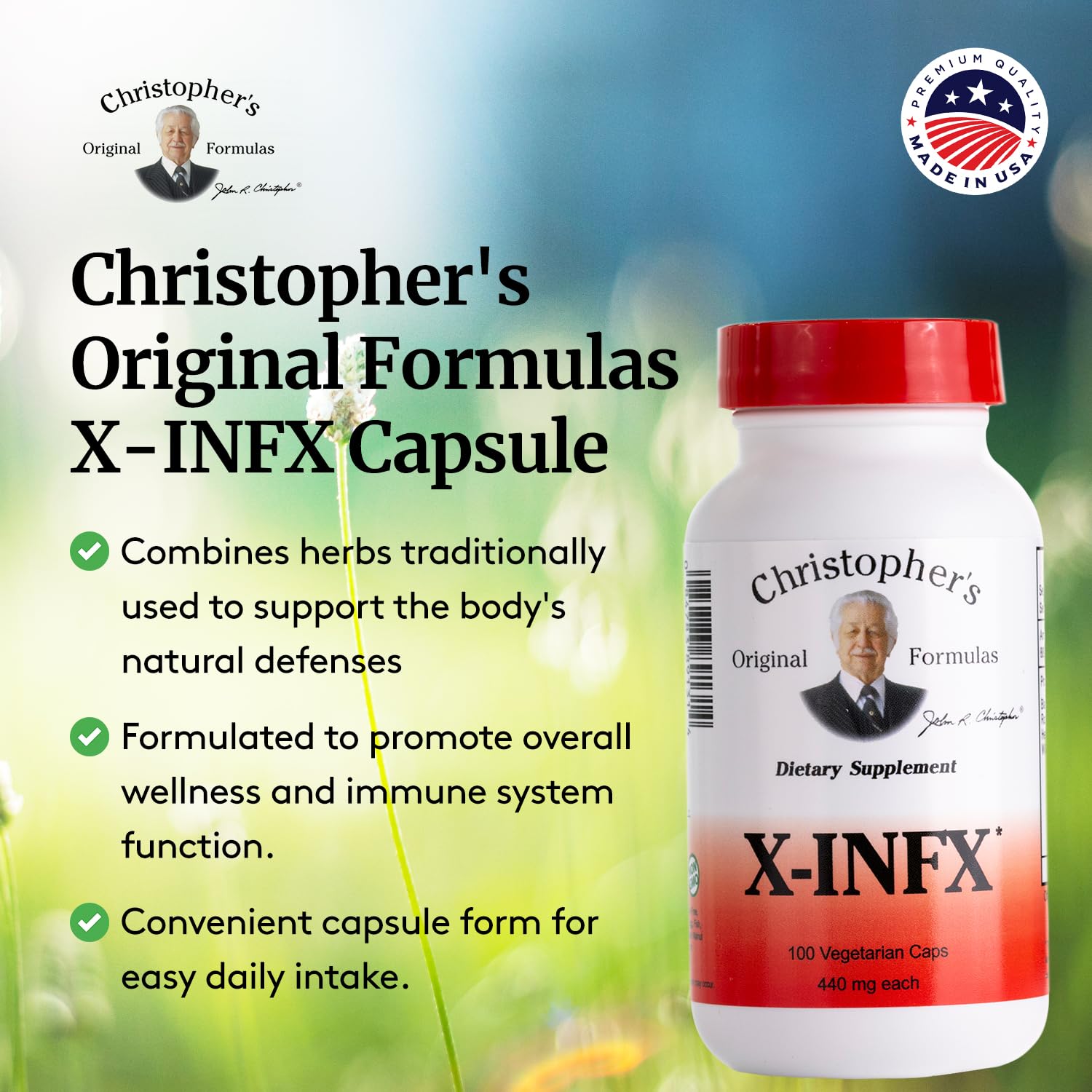 Christopher's Original Formulas X-INFX capsules close-up for easy daily supplementation.
