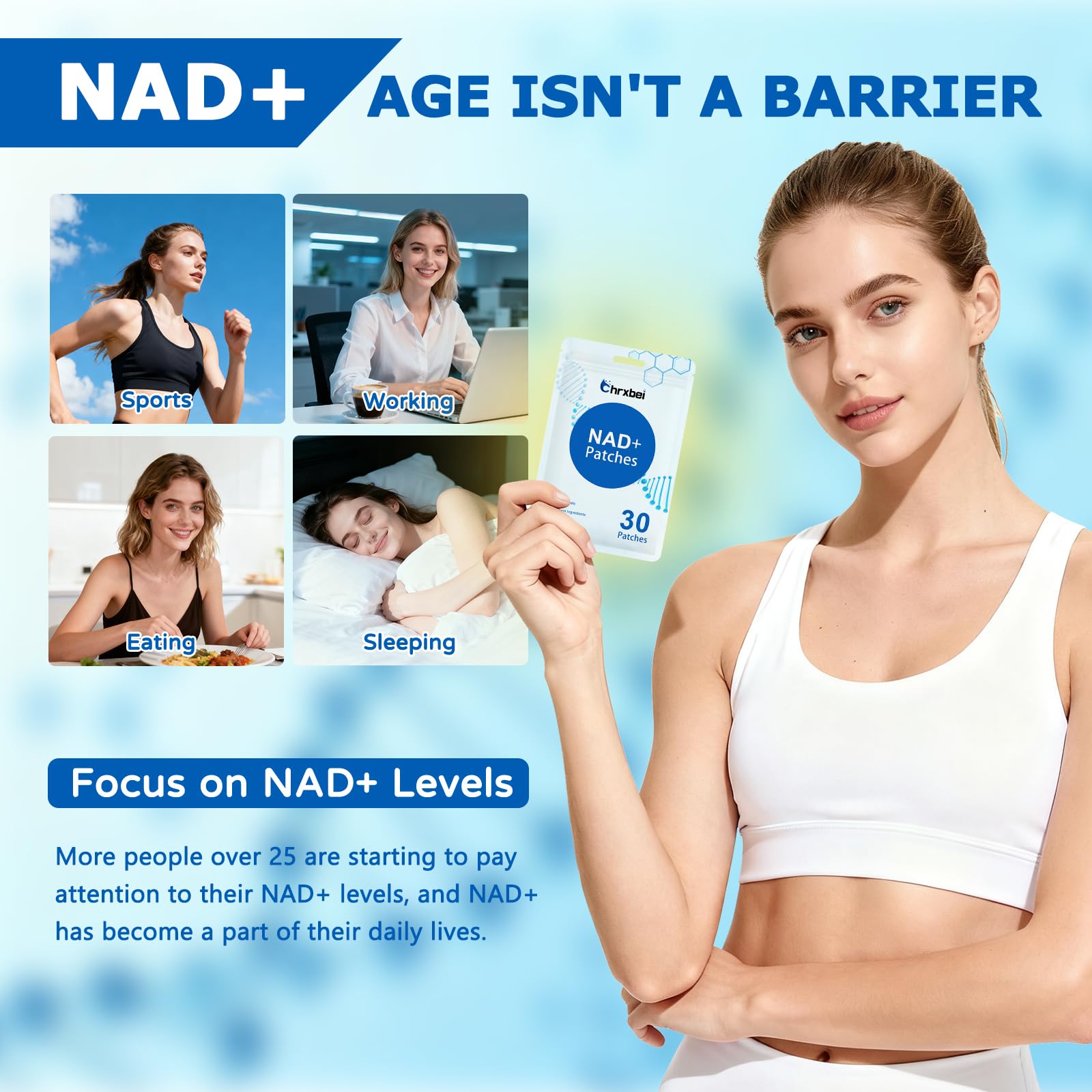 Chrxbei NAD+ patch demonstrating secure adhesion during activity