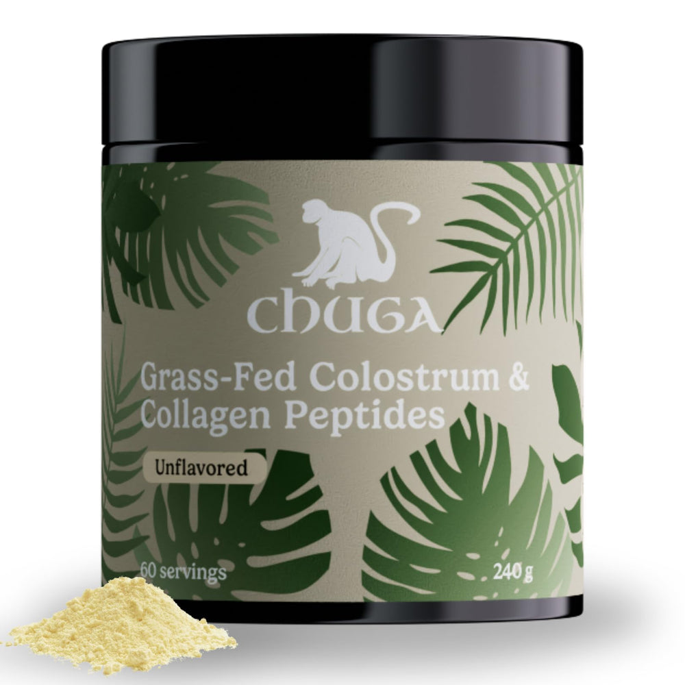 Chuga Grass Fed Colostrum & Collagen bottle highlighting creamy texture for skin, hair, and nails support