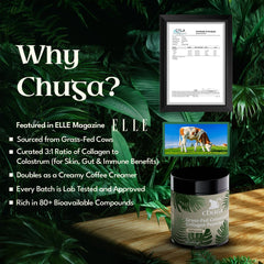 Chuga Grass Fed Colostrum & Collagen dissolved in drink demonstrating versatile daily use