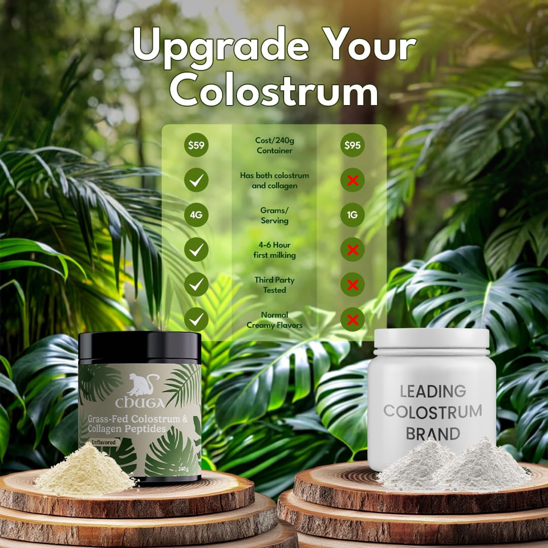 New Chuga packaging showing grass fed colostrum and collagen tub ready for daily routines