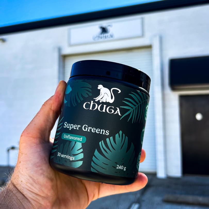 Chuga's Super Greens packaging box highlighting vegan and gluten-free traits.
