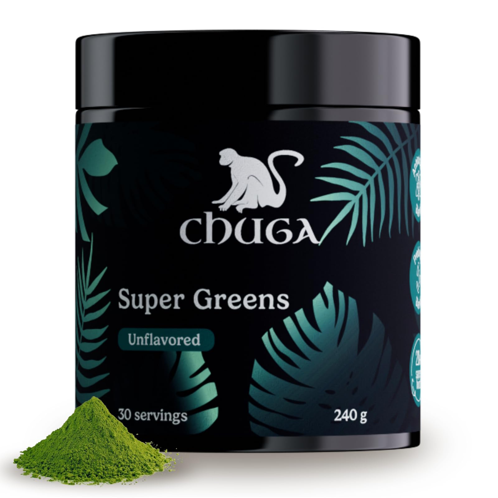 Chuga's Super Greens powder tin label showing organic greens for daily vitality.