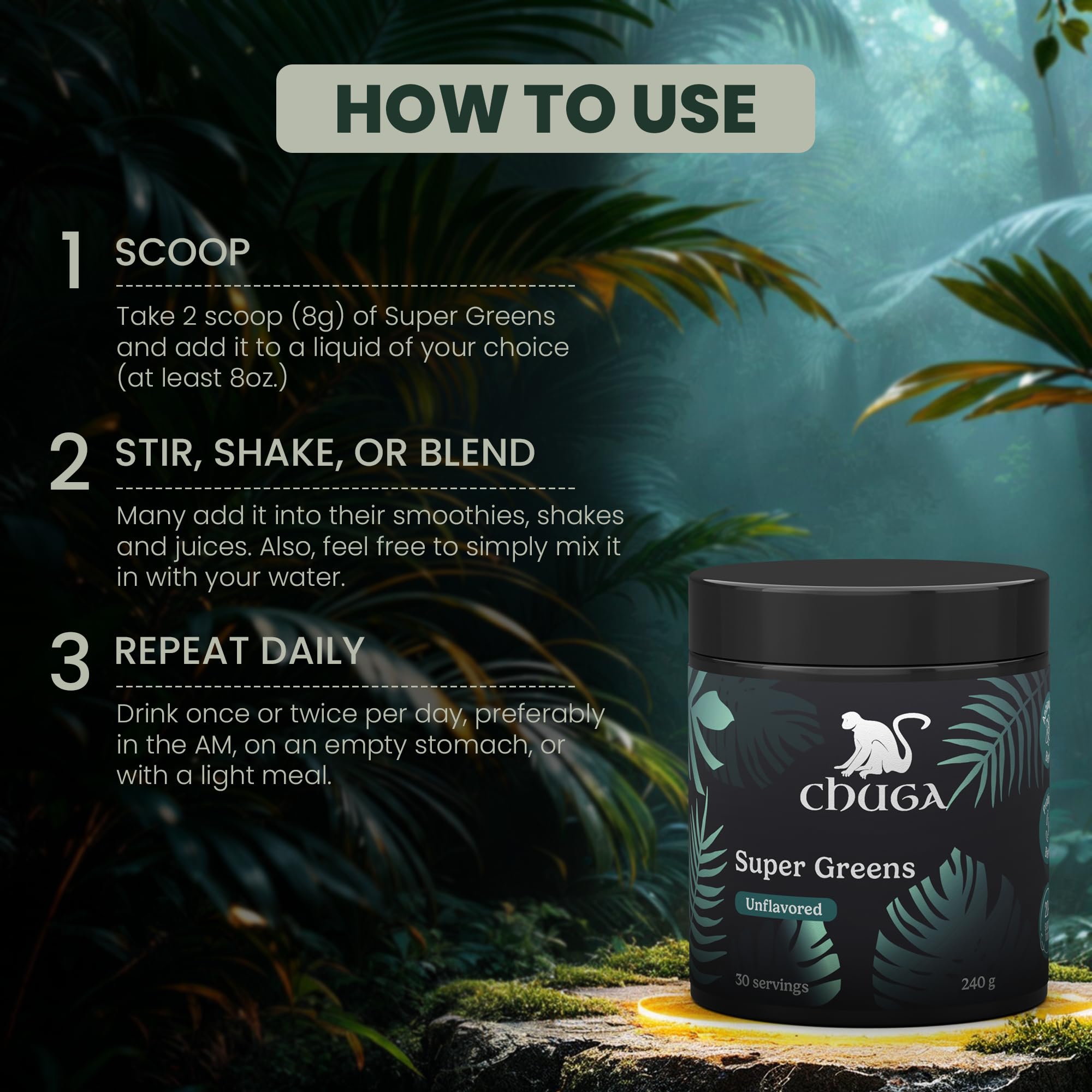 Chuga's Super Greens scoop in glass with water for quick energy.