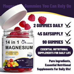 CHZHEN 14in1 gummies jar closeup emphasizing texture and berry taste.