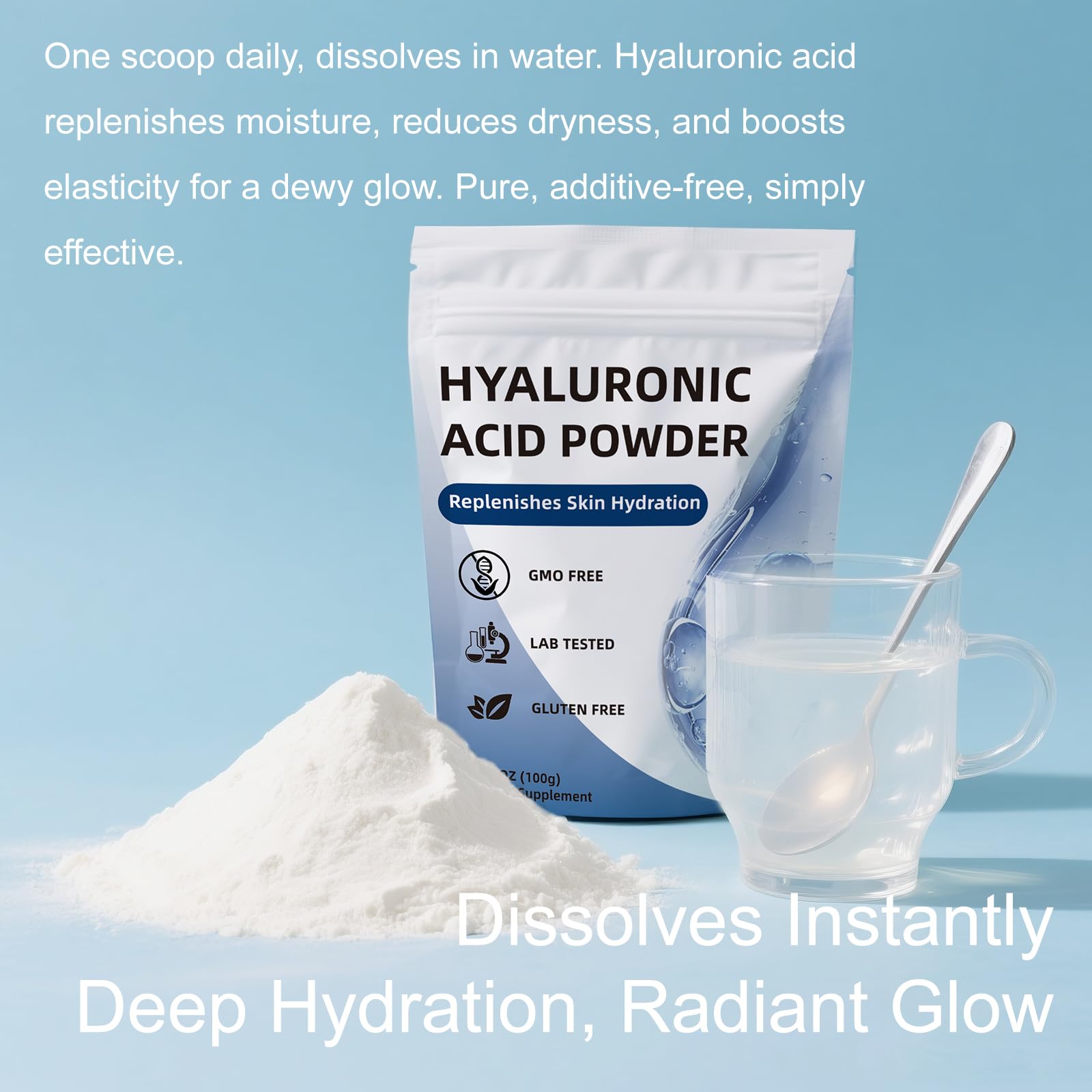 CHZHEN Hyaluronic Acid Powder with vegan cosmetics-grade badge on packaging.