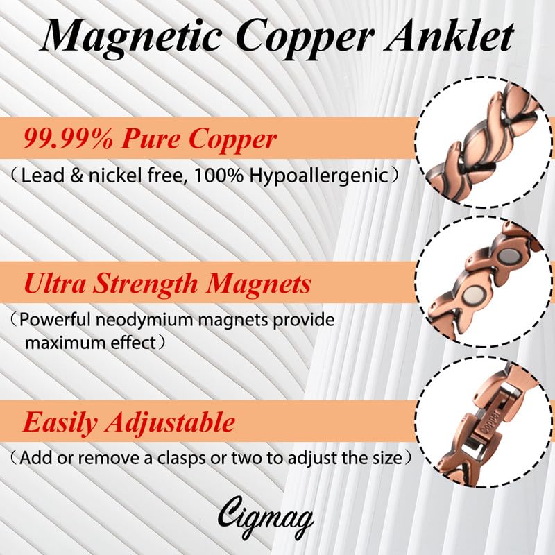 Cigmag copper anklet includes two inner clasps for easy size adjustments.