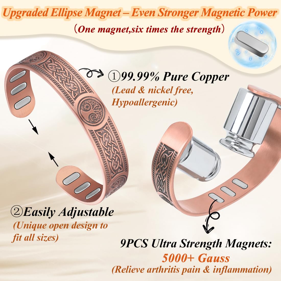 Cigmag copper bracelet adjustable-fit close-up demonstrates easy resizing