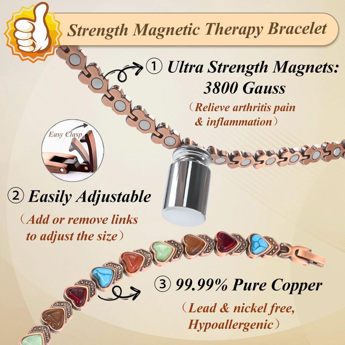 Cigmag hypoallergenic copper bracelet with lacquered finish resists oxidation.