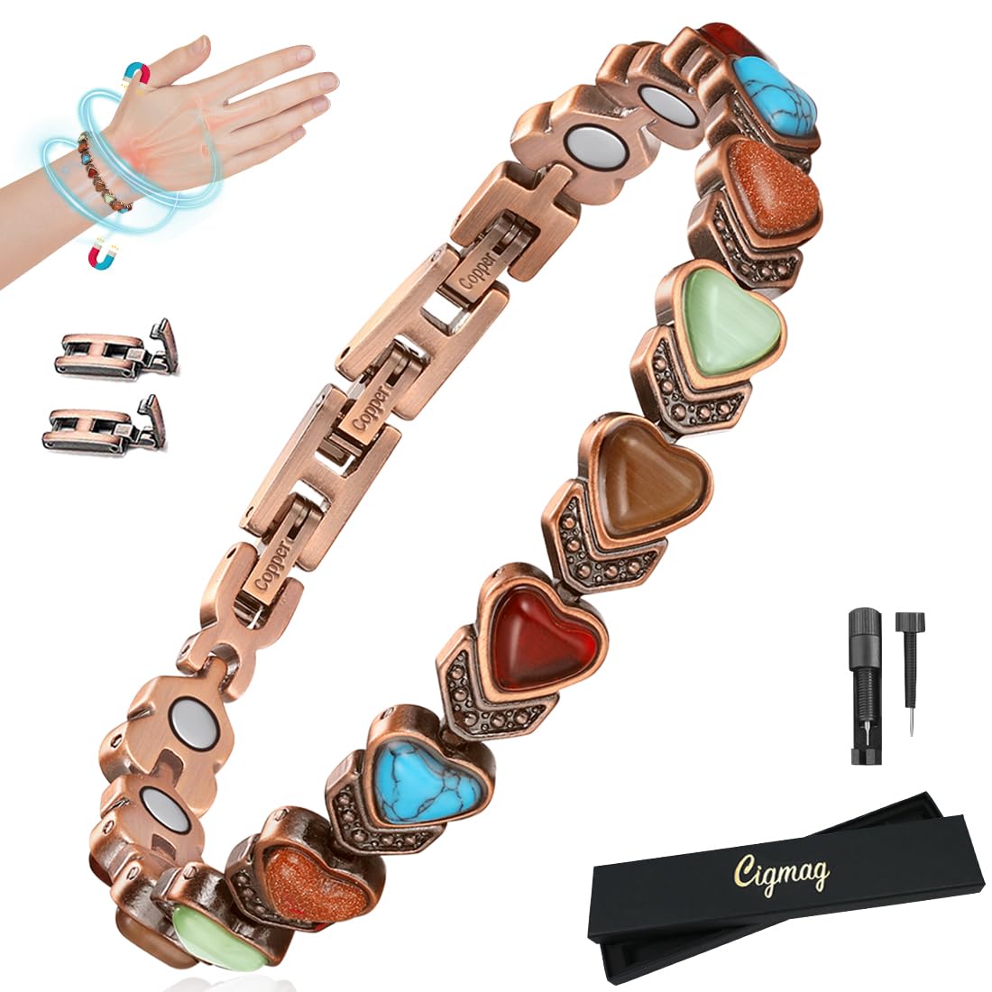 Cigmag copper bracelet with turquoise close-up showing daily wear suitability.