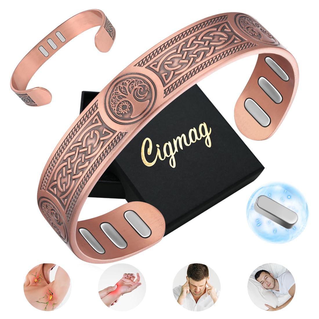 Cigmag copper bracelet Sun Moon Tree motif close-up for daily vitality