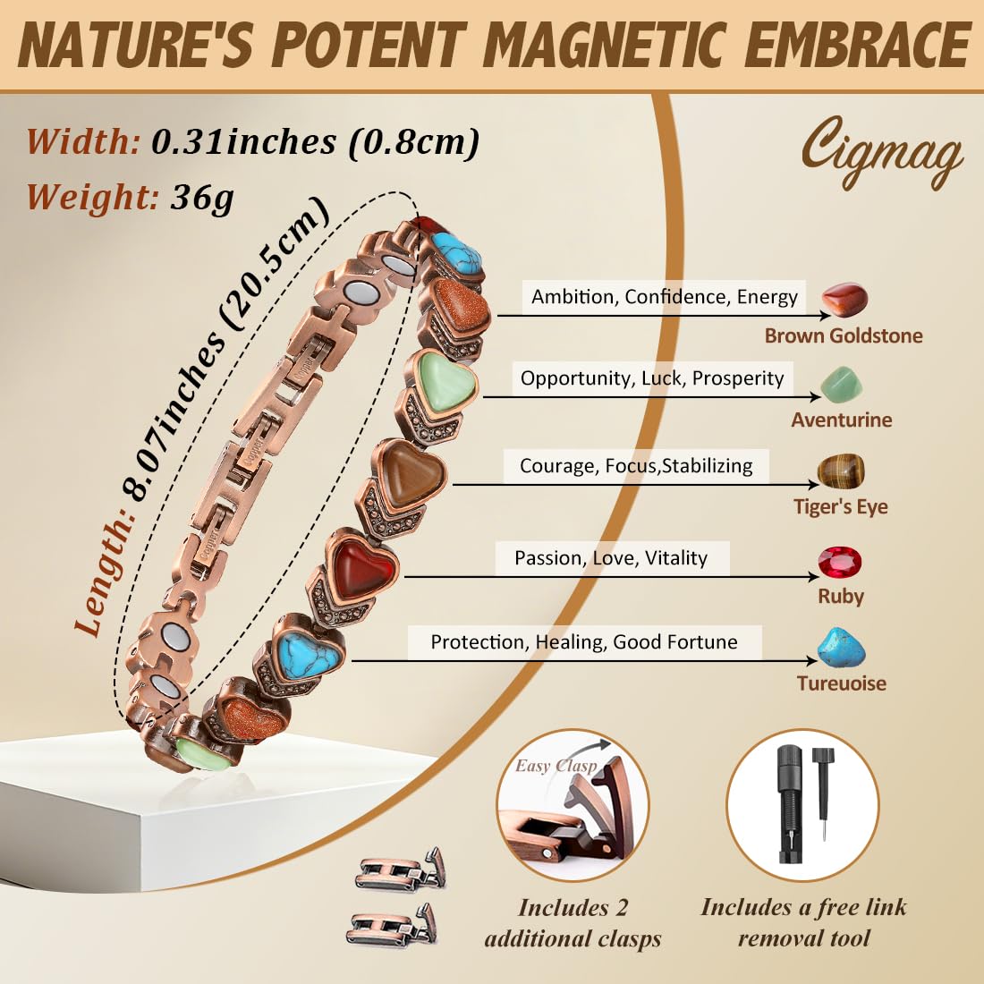 Cigmag copper bracelet displays two extra clasps for flexible sizing.