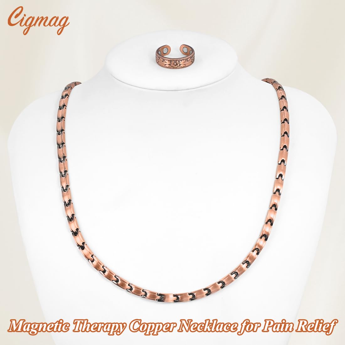 Cigmag copper necklace lacquered finish resists oxidation for lasting shine.