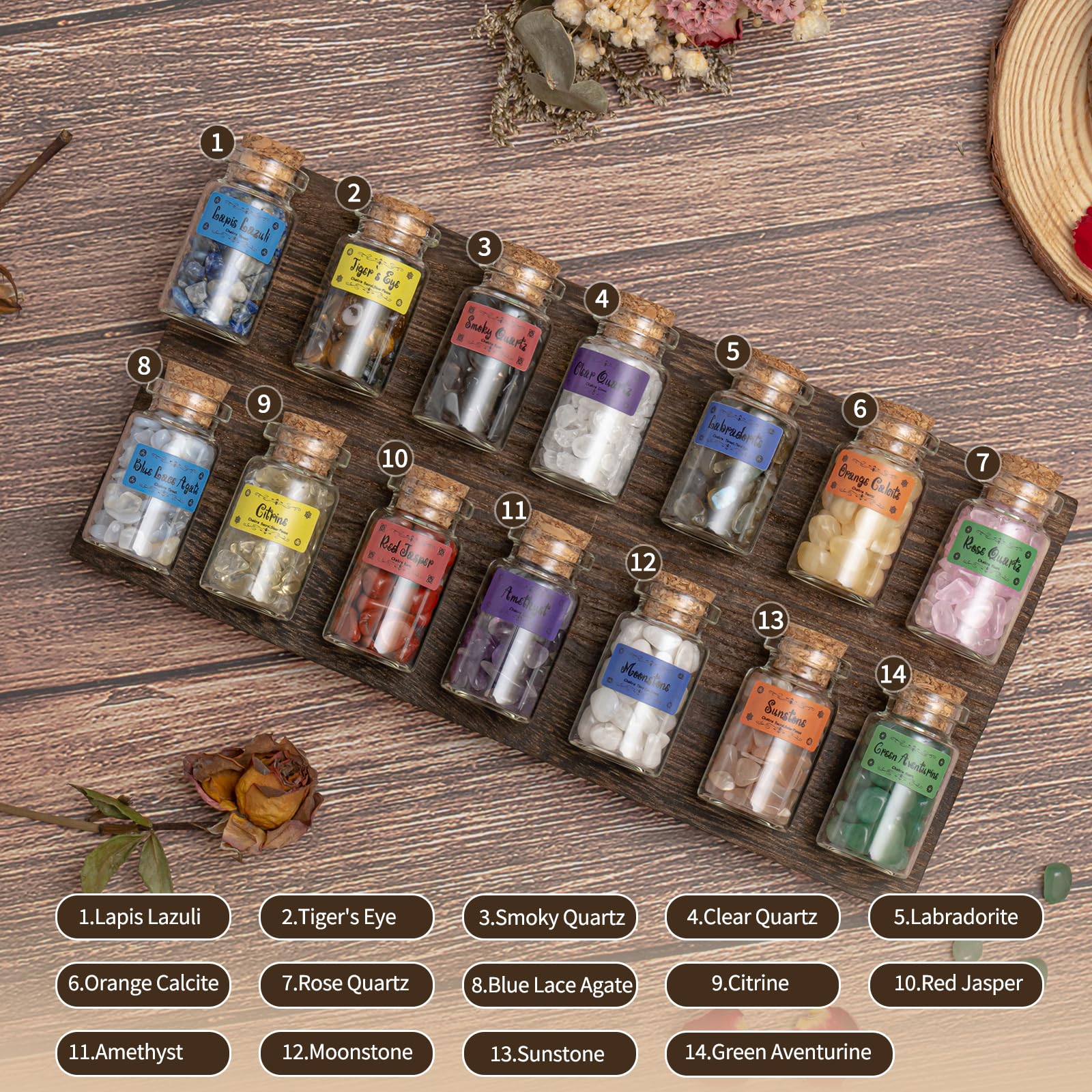 Cikuco mini gemstones in labeled jars for easy selection and study.