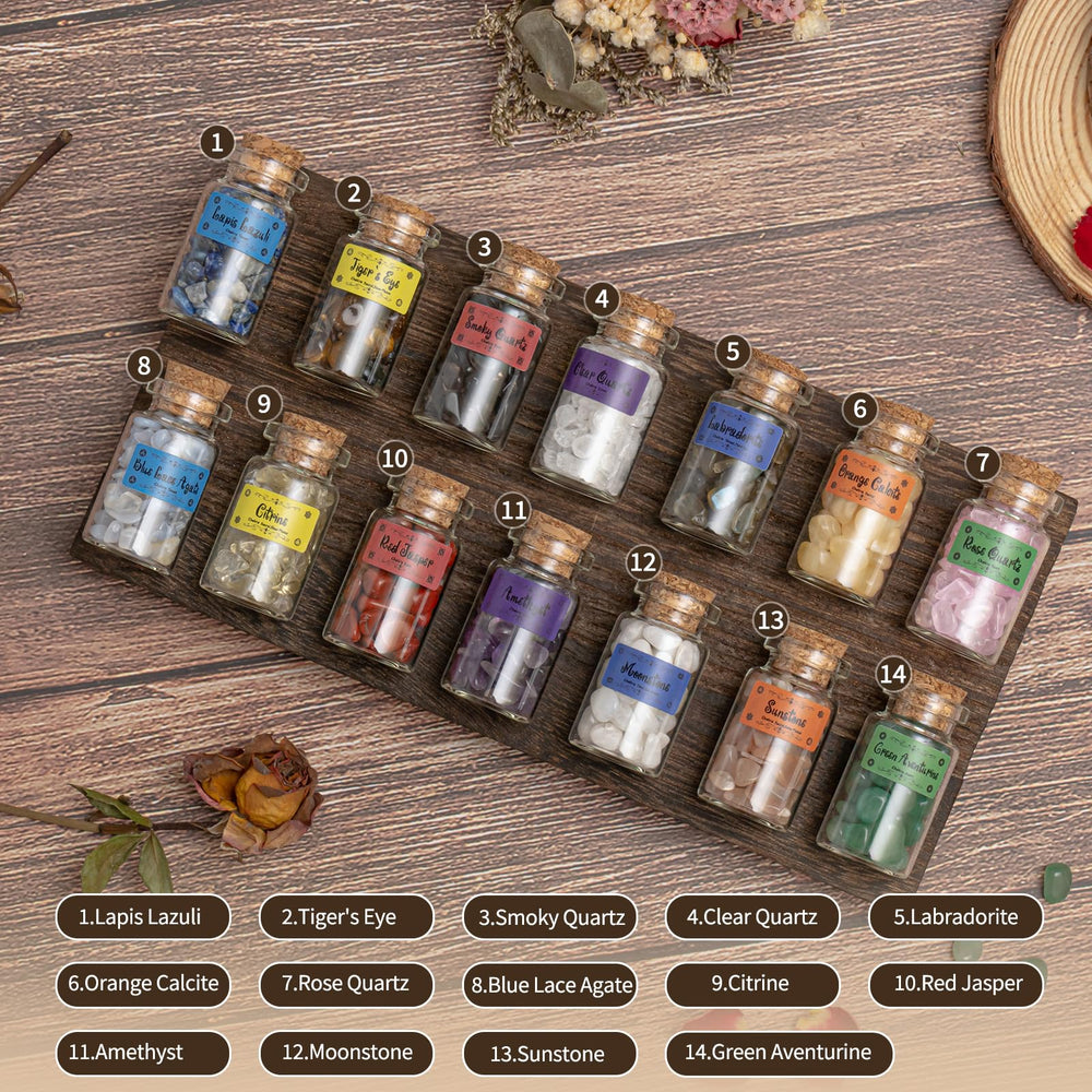 Cikuco mini gemstones in labeled jars for easy selection and study.