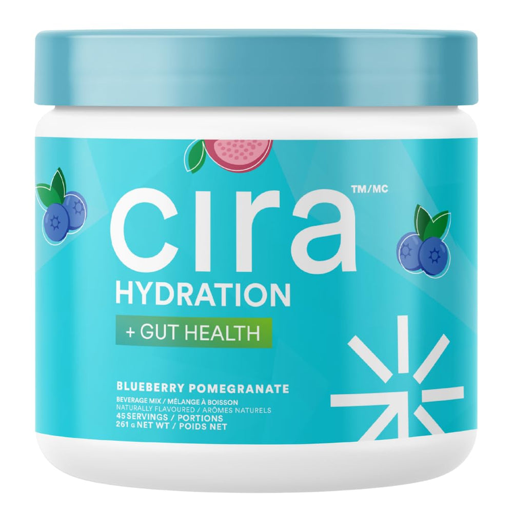 Cira Hydration + Gut Health powder tub front showing 45 servings for daily hydration and gut support.