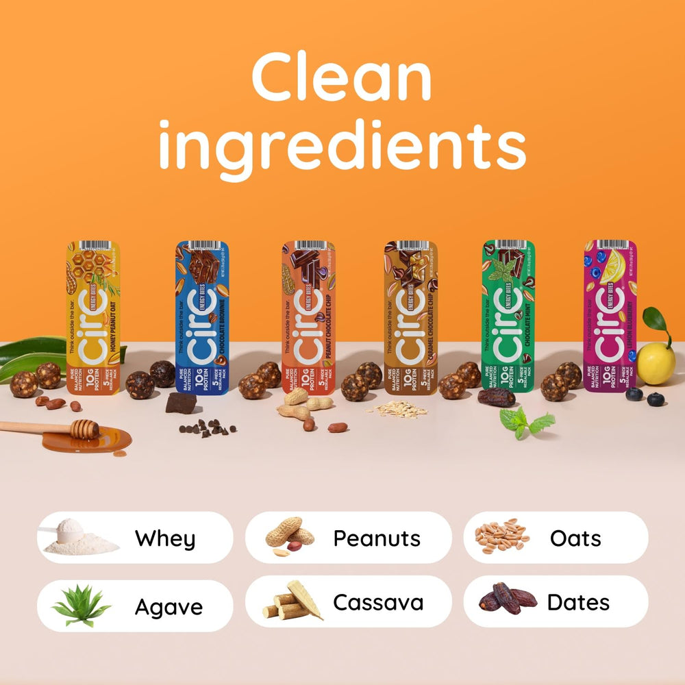 CirC Energy Bites gluten-free non-GMO label emphasizes allergen-friendly snacking.