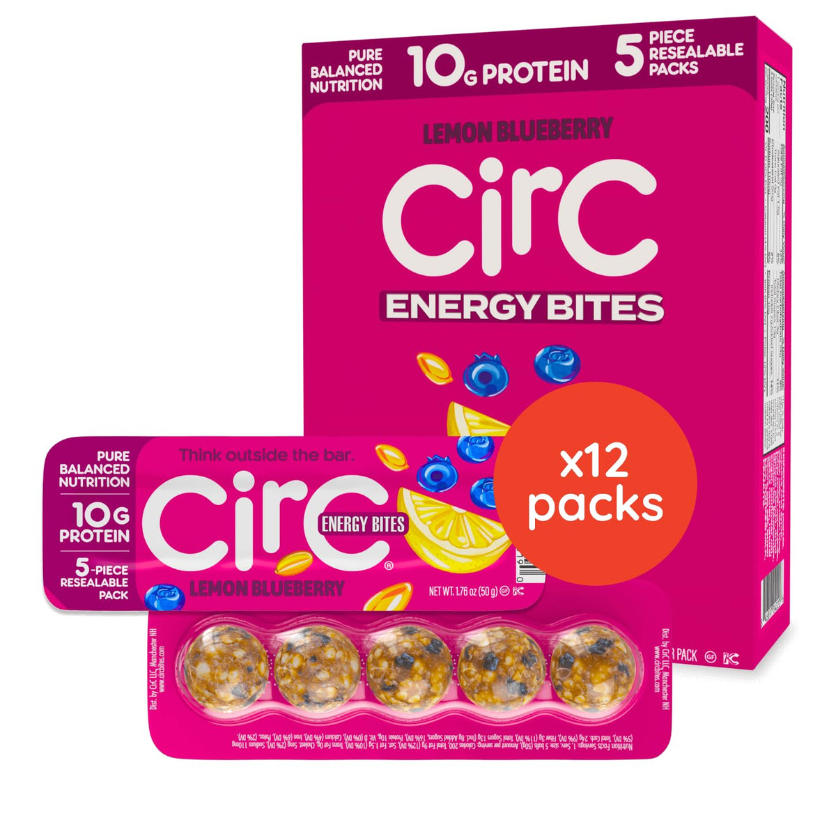 CirC Energy Bites lemon blueberry pack, protein-rich snack for active days.