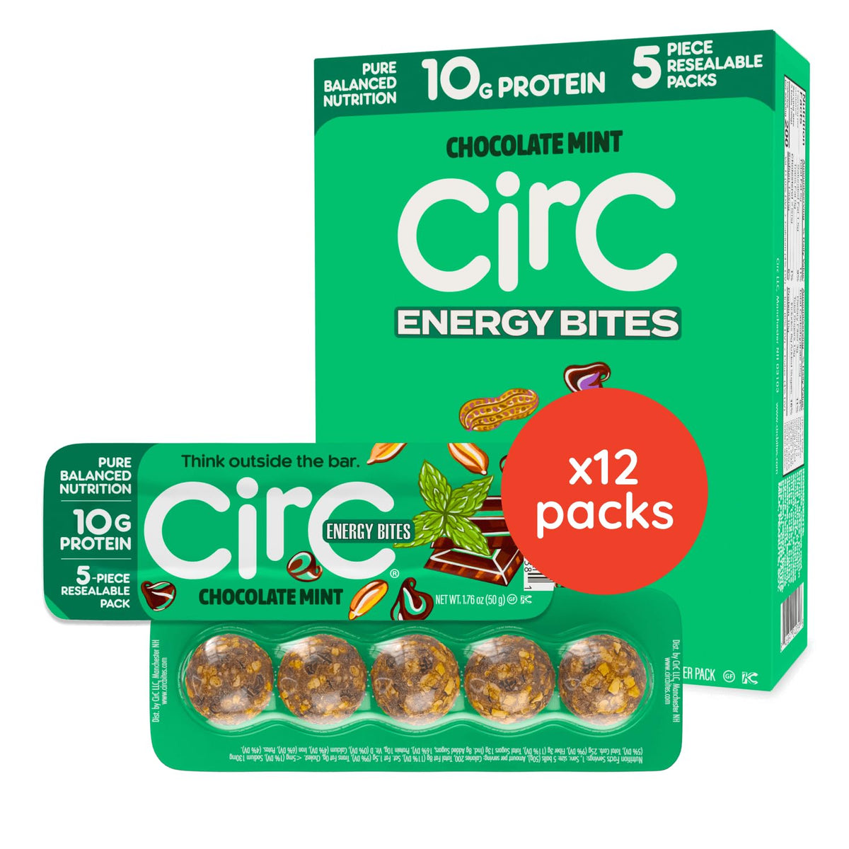 CirC Energy Bites mint chocolate chip in resealable tray for on-the-go snacking
