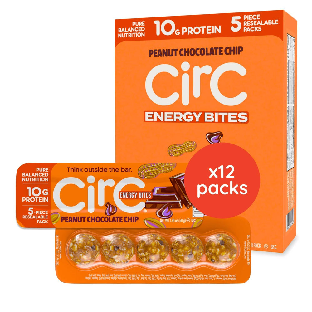 CirC Energy Bites peanut chocolate chip pack for on-the-go protein.