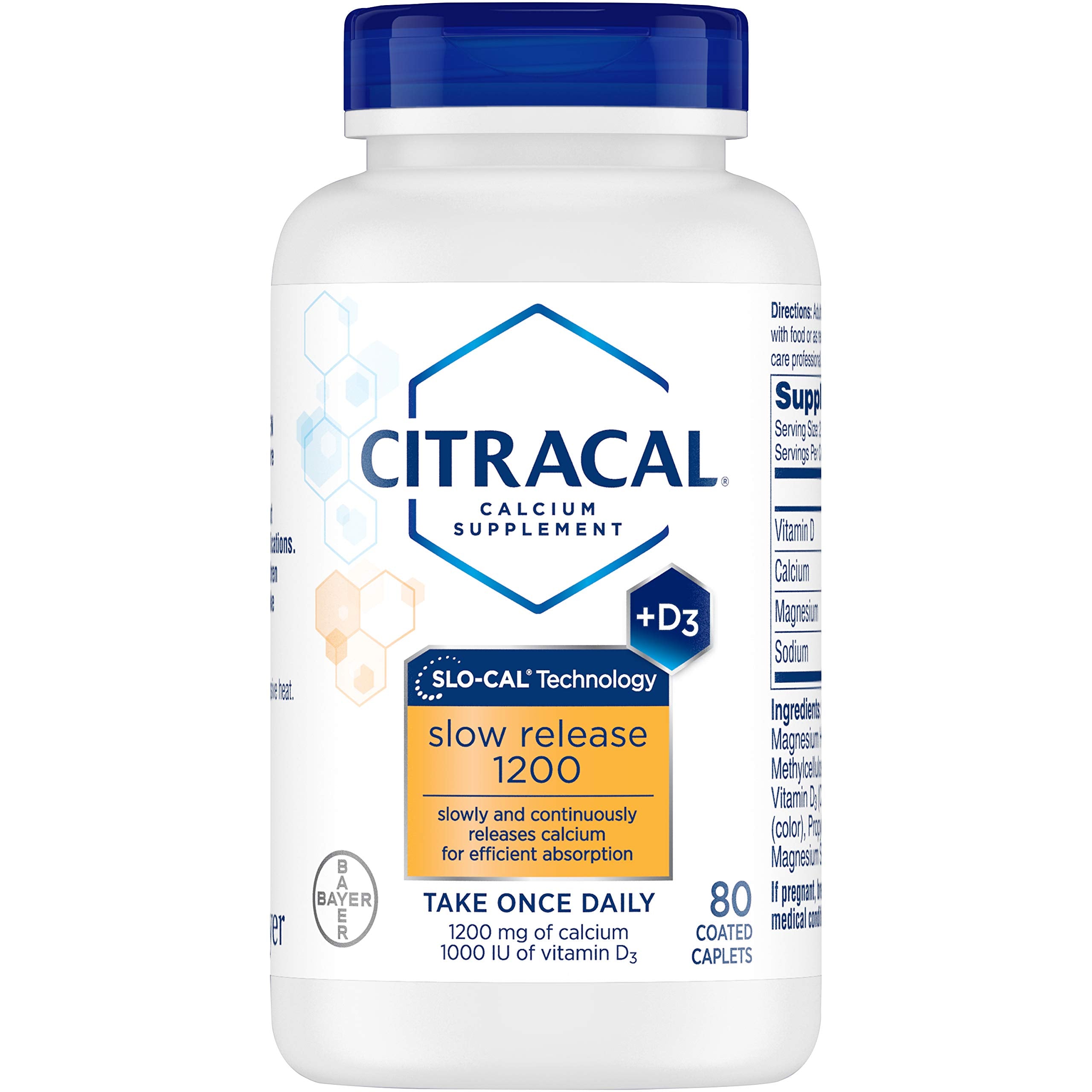 Citracal label highlights 1200 mg calcium and vitamin D in a slow-release formula.