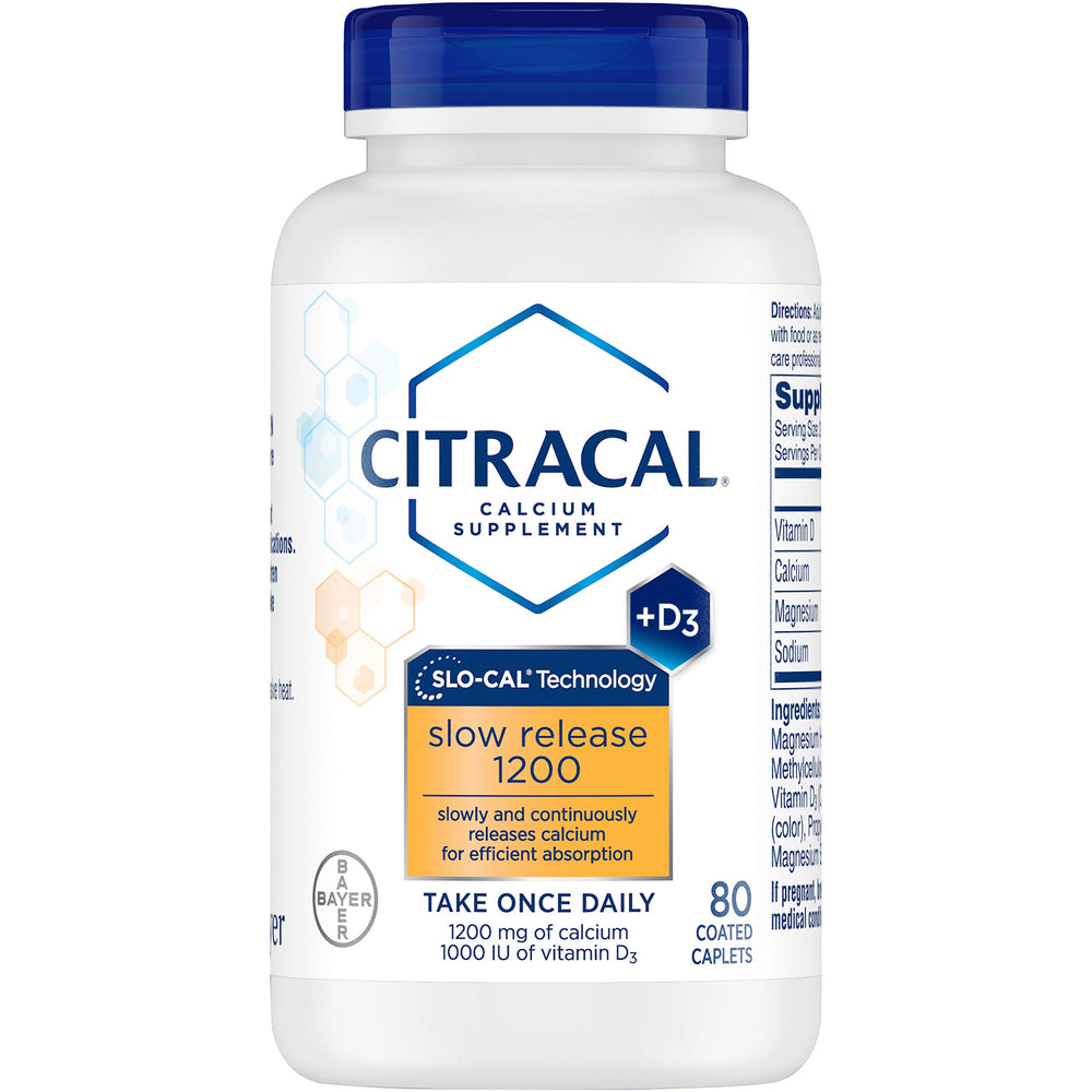 Citracal label highlights 1200 mg calcium and vitamin D in a slow-release formula.