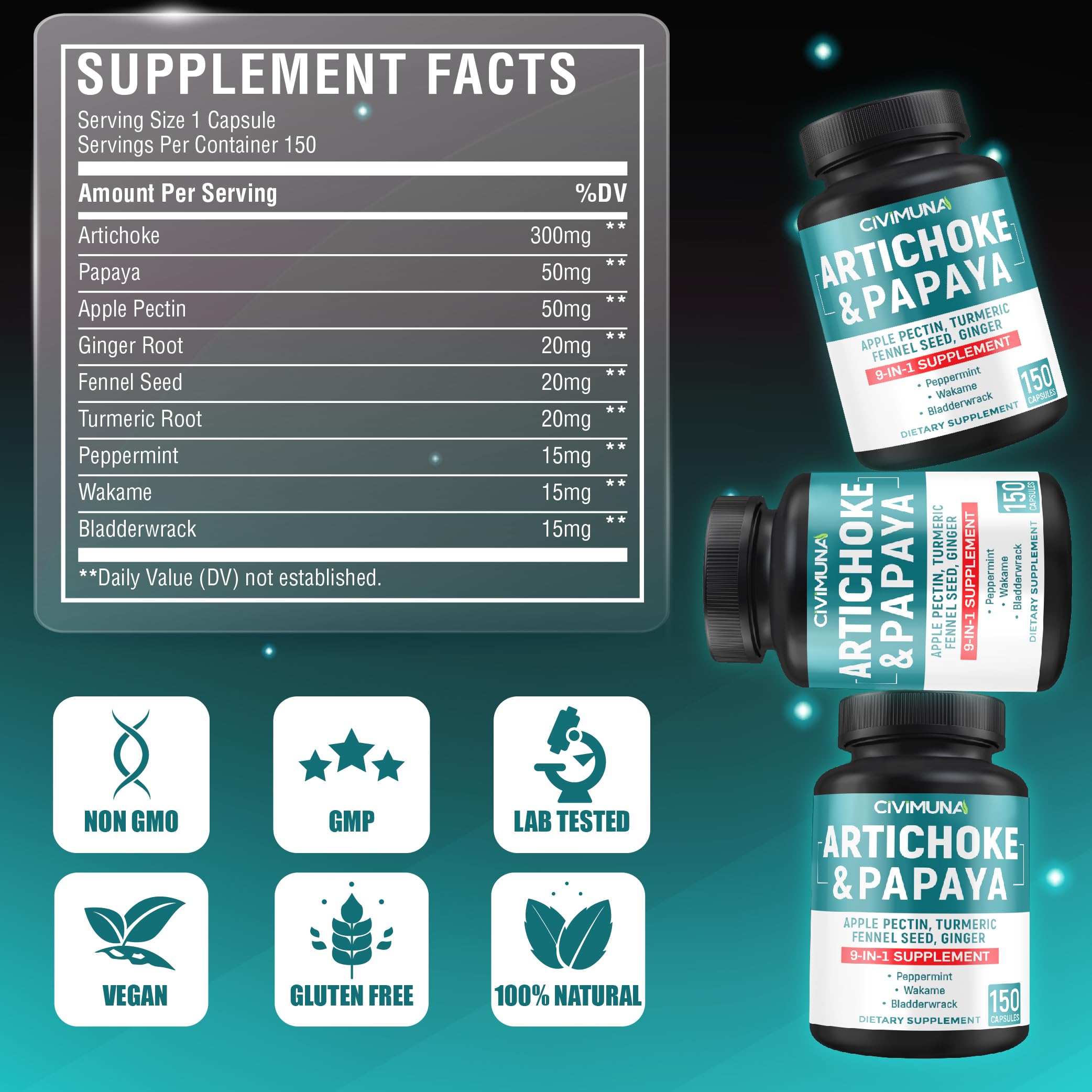 CIVIMUNA Artichoke Capsules bottle pouring capsules for easy daily use.