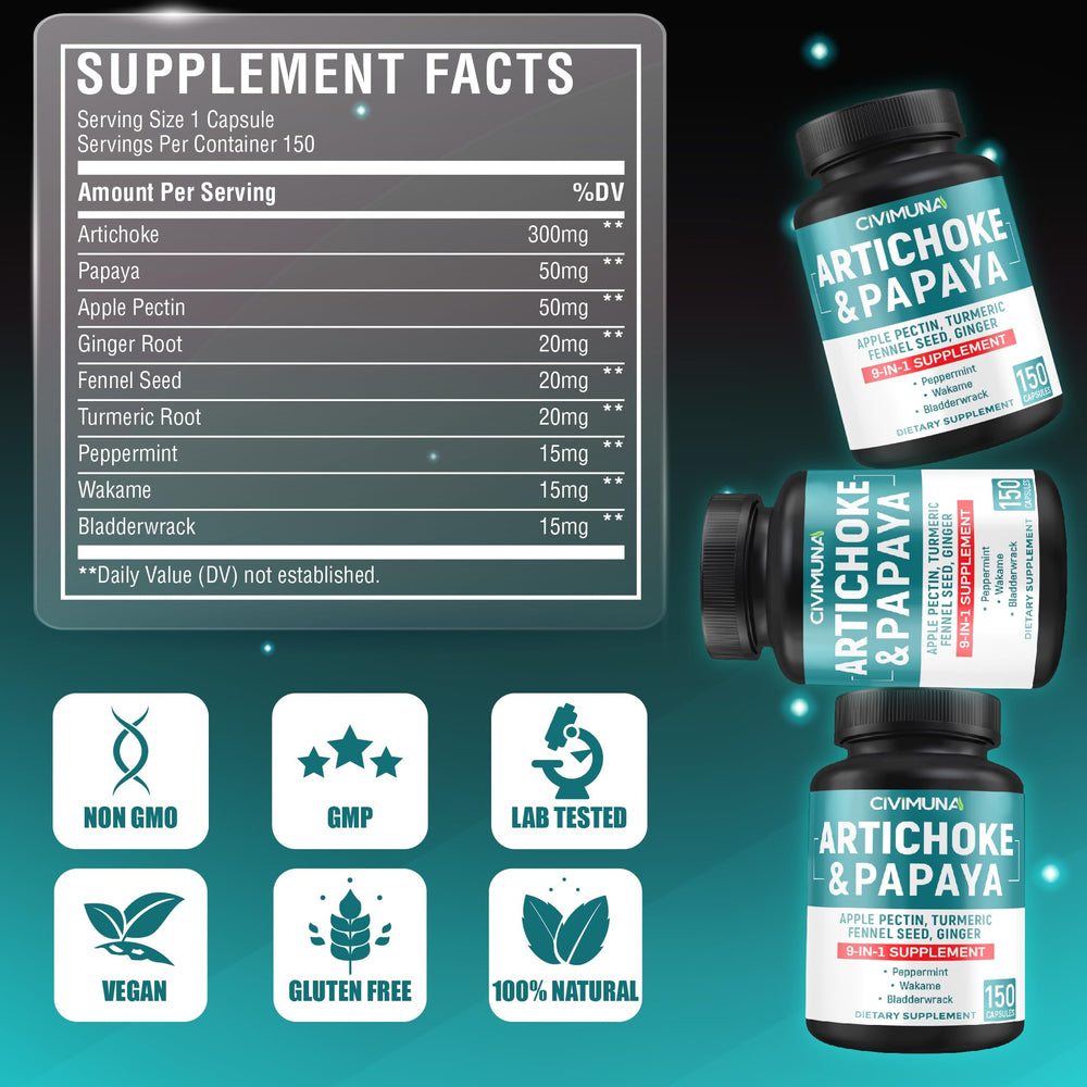 CIVIMUNA Artichoke Capsules bottle pouring capsules for easy daily use.
