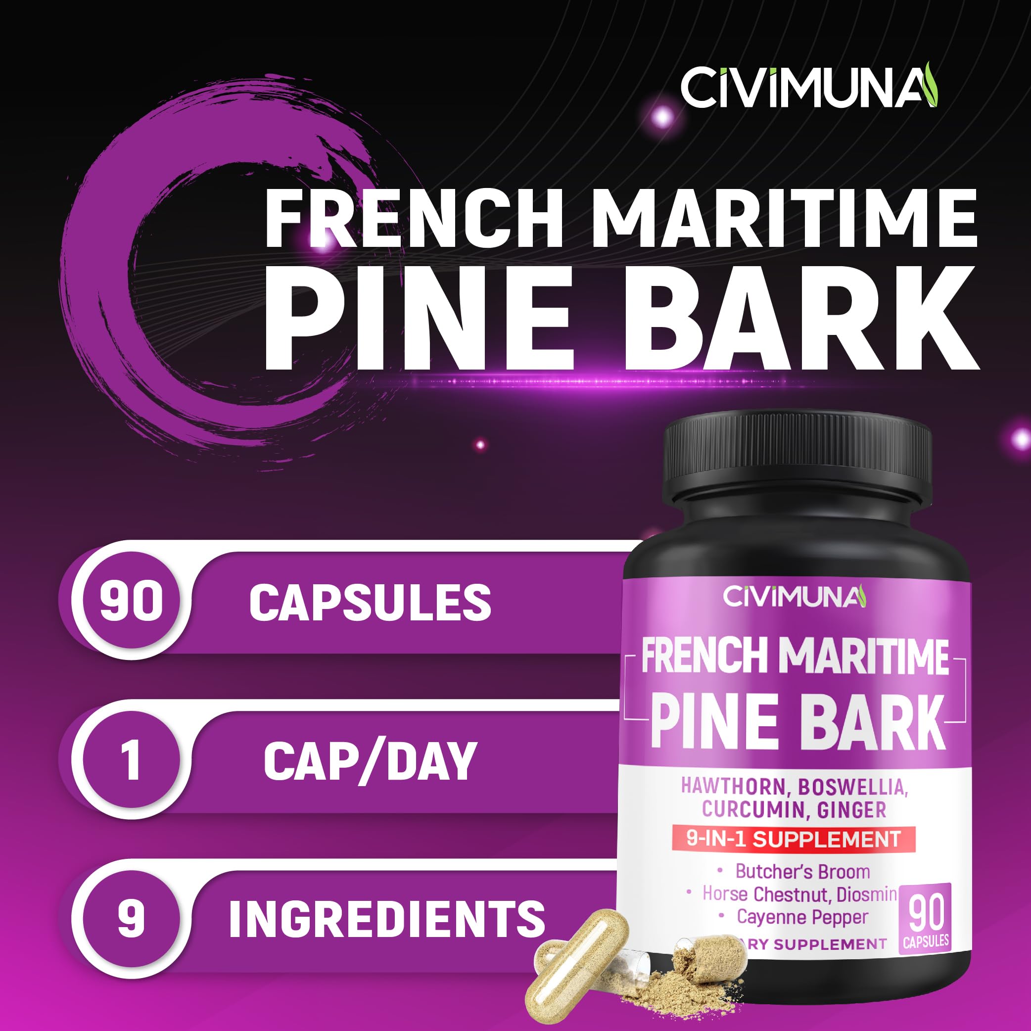 CIVIMUNA capsules closeup - detailed look at Pine Bark formula