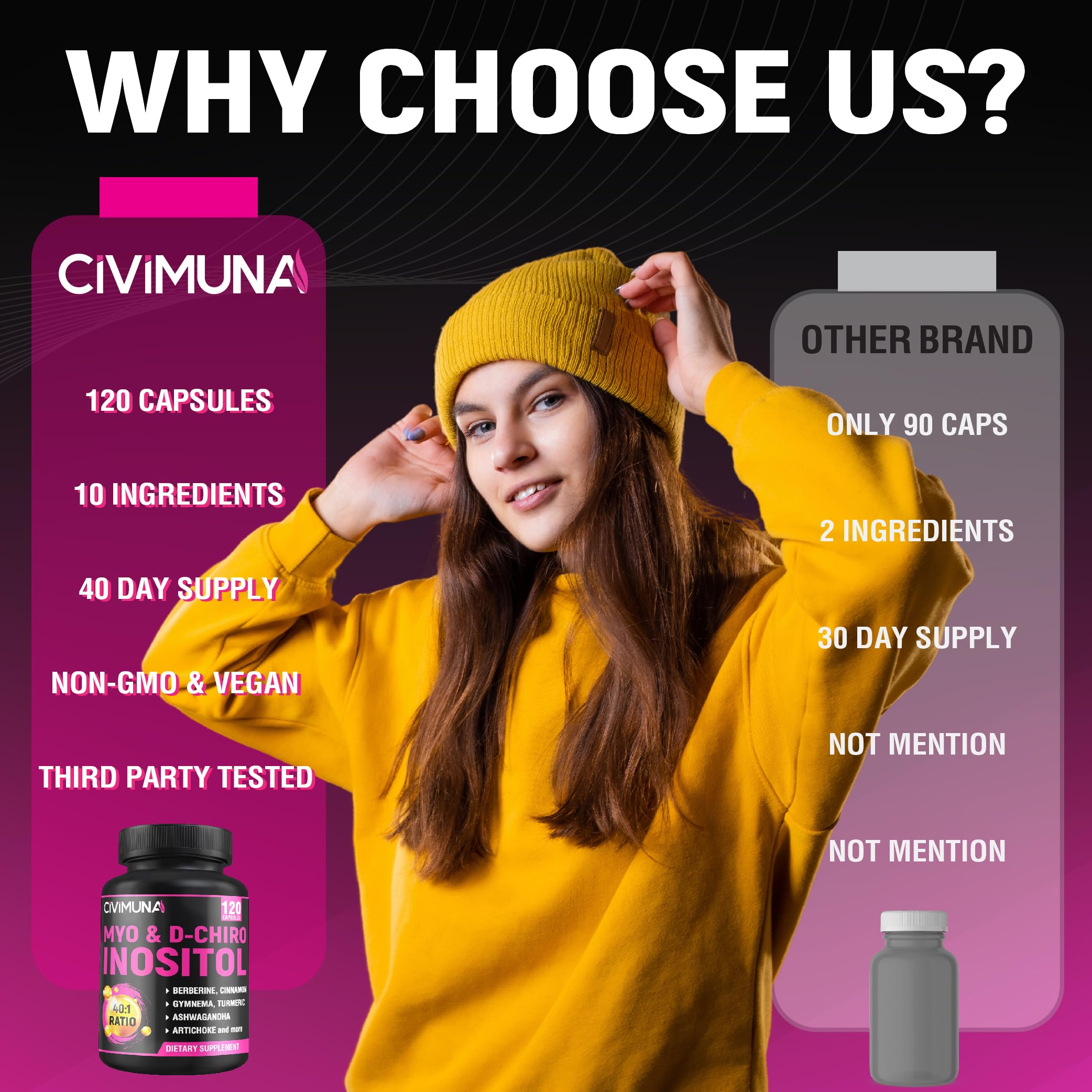 CIVIMUNA inositol bottle and spoon shows measured capsules for routine use.