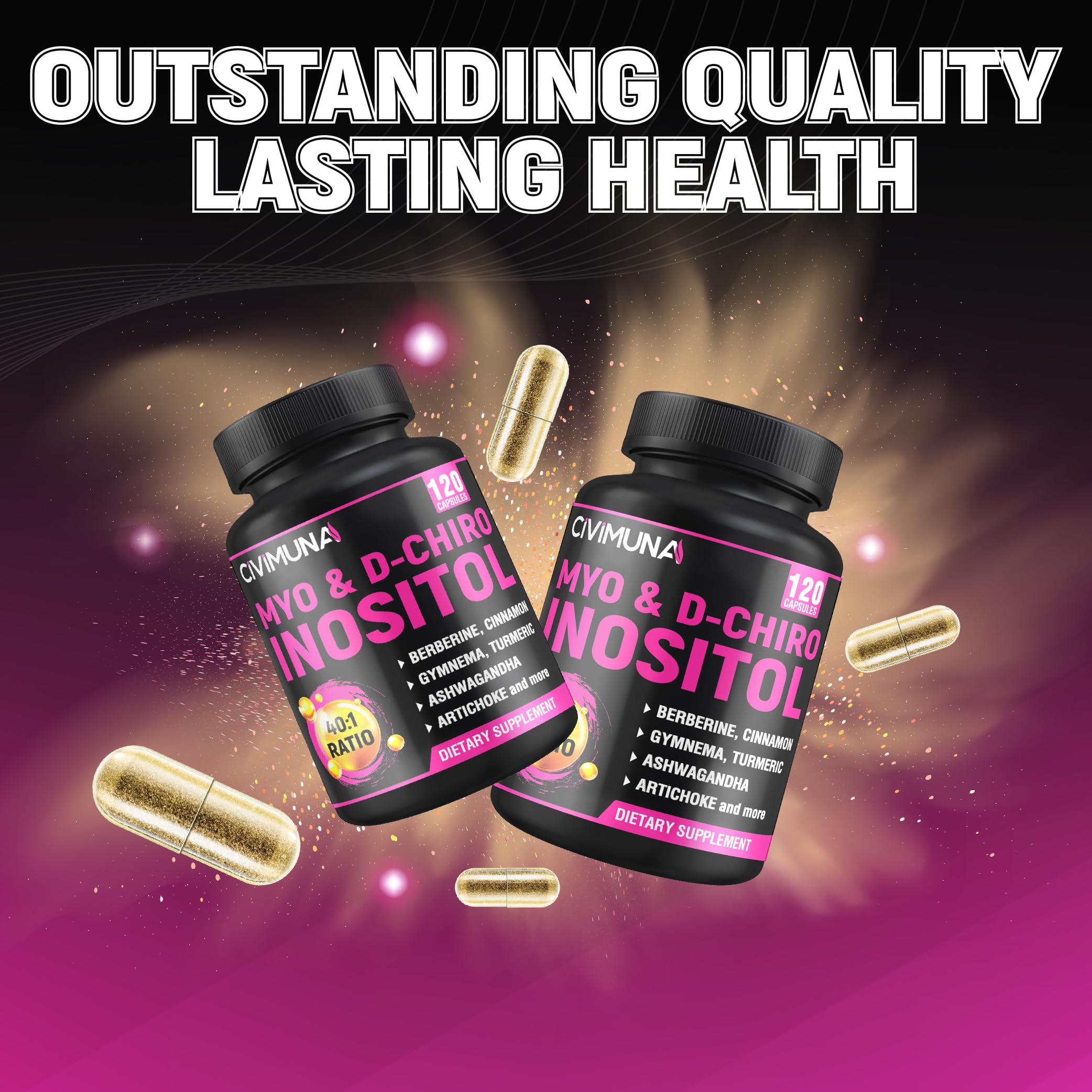 CIVIMUNA inositol bottle close-up, premium quality supplement visual.