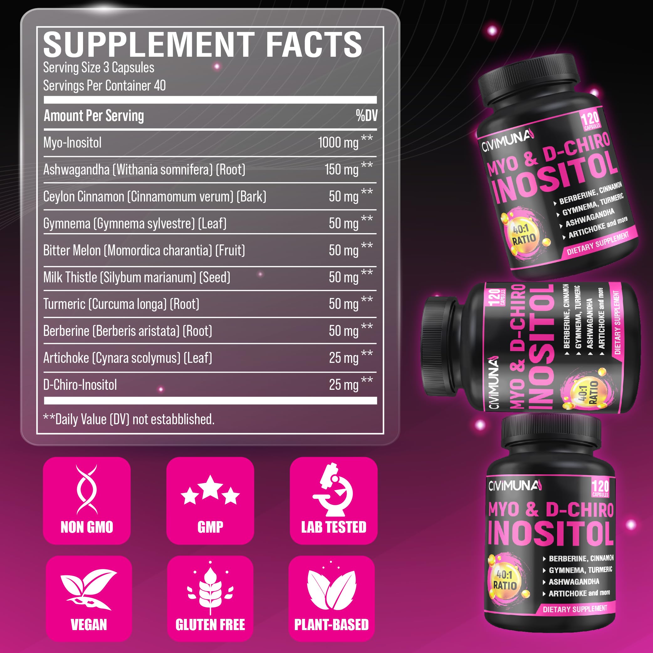 CIVIMUNA inositol bottle with dosage info, clear daily guidance.