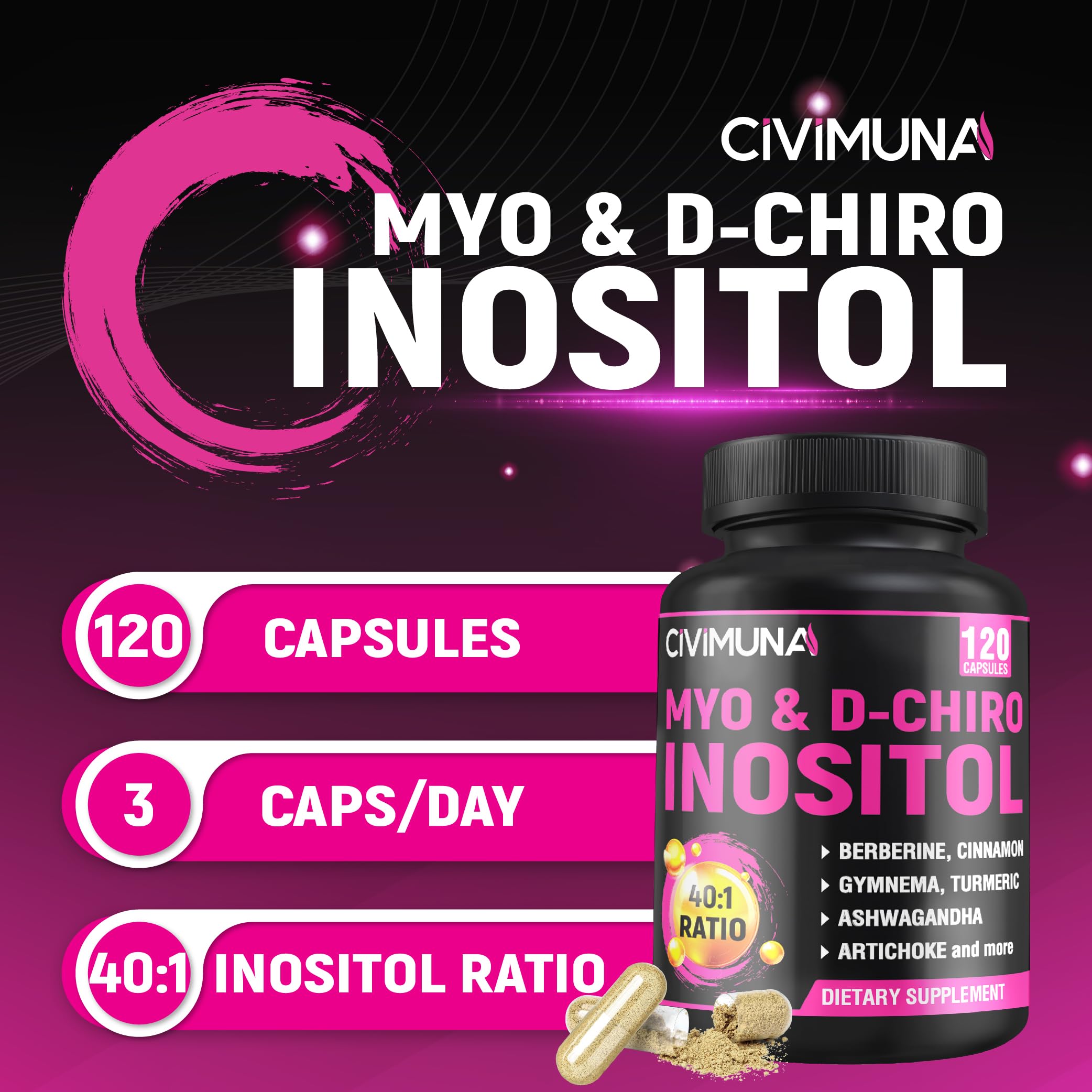 CIVIMUNA inositol capsules stacked, easy to incorporate into routines.